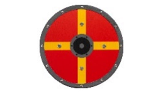 Wikingerschild aus Holz (gelbes Kreuz auf rotem Grund)